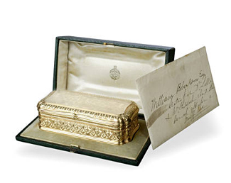 A presentation gold snuff box was the star of the auction of Fine Furniture and Decorative Arts held by Bonhams Australia when it made $108,000 including buyers' premium at the Byron Kennedy Hall in Sydney on June 26.