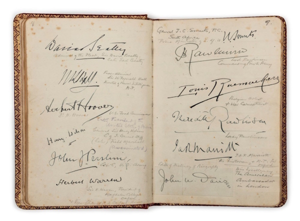 <p>One of the more fascinating lots is Sir John Monash&rsquo;s autograph album (lot 703) estimated at $10,000-20,000 which contains hundreds of tipped-in or written signatures, many with additional greetings or messages. It is a remarkable record of some of the great men and women of the late 19th and early 20th century A loose-leaf typed index dated 27/4/31 is inserted at the front and in the majority of cases, Monash has added details, titles, etc.</p> 