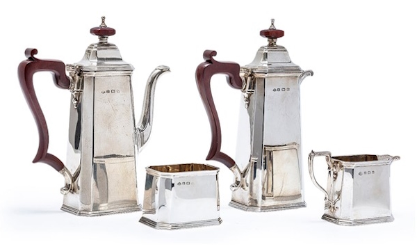 <p>With Christmas only a couple of months away, shoppers are beginning to turn their attention to gifts for loved ones. An &nbsp;ideal solution for those looking for an extra special item could be this George VI sterling silver bachelor tea and coffee set, 1945 Birmingham, with maker&#39;s mark for Adie Brothers Ltd. The elegant four-piece set comprises a coffee pot, a teapot, a creamer and a sugar bowl, each of rectangular tapering form with canted corners and plain sides, the pots with composite handles and hinged covers with matching composite finials, with each piece clearly marked under the rim, estimated at $800-900.</p> 